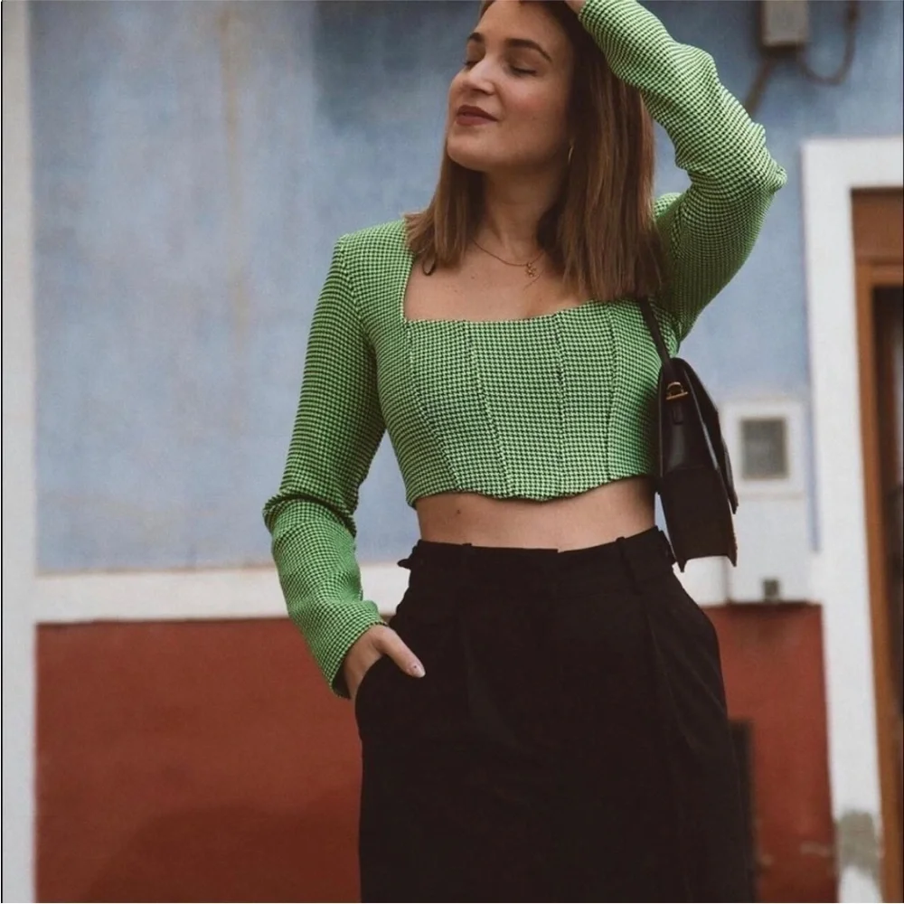Zara Houndstooth Corset Cropped Top Bloggers Favorite Neon Green Black Small